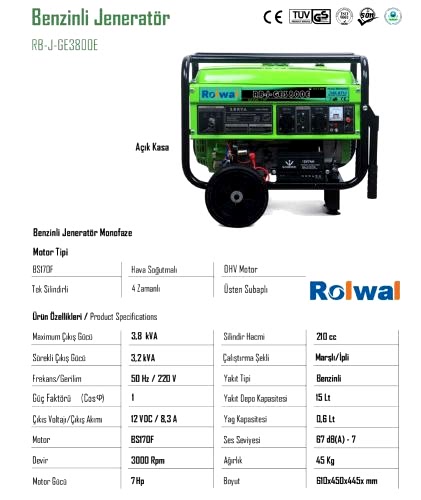 Rolwal Benzinli Jeneratör Monofaze RB-J-GE-3800E - 2